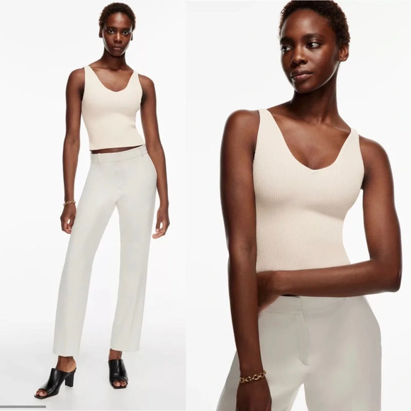 NWT Aritzia Babaton Sculpt Knit Double V Tank Matte Pearl Size Small $68 - Picture 1 of 12